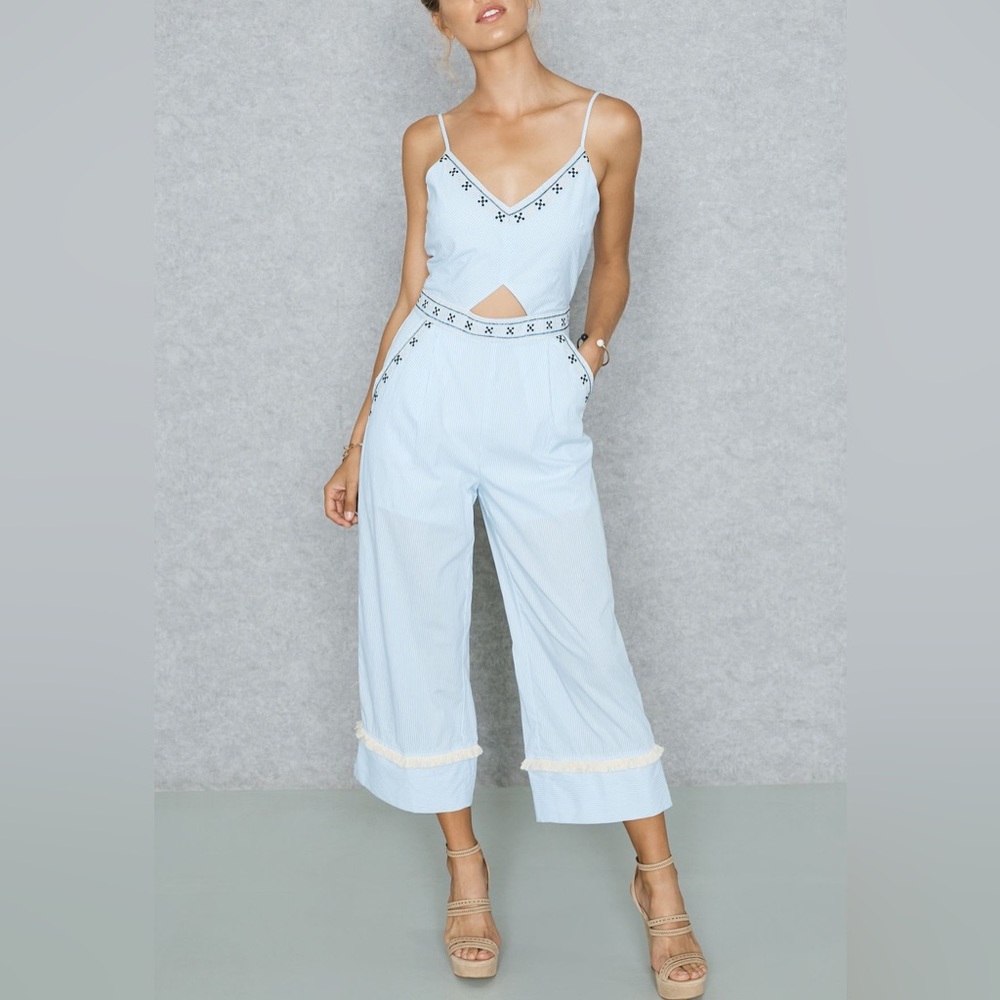 Moon River Light Blue Embroidered Cropped Jumpsuit